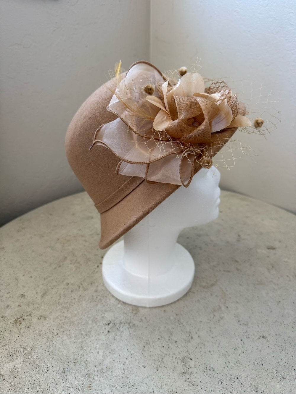 Tan Floral Cloche Hat with Netting